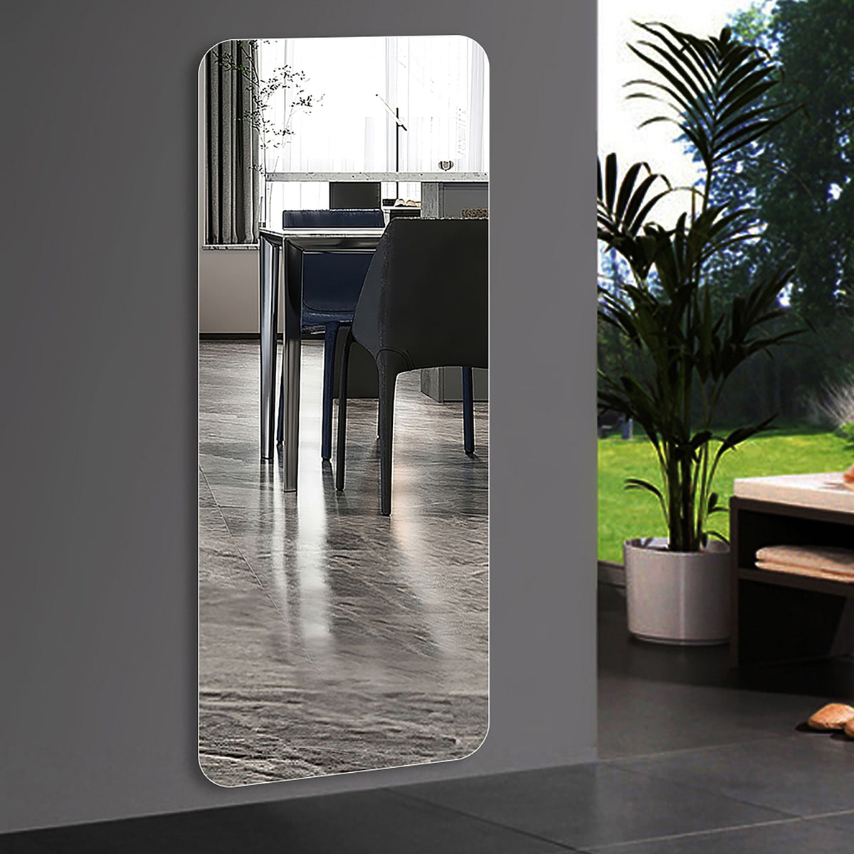 Full Body Round Corner Mirror wall-mounted by HouseOfZazla reflecting a modern dining area on Tampa Home & Garden Store