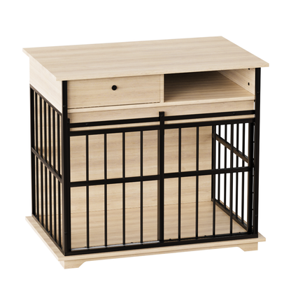 Dog cage furniture for small dogs by HouseOfZazla with natural wood and black metal on Tampa Home & Garden Store