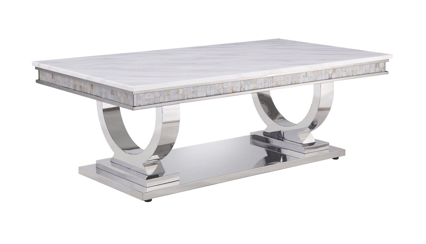 Zander Printed Faux Marble Top Mirrored Coffee Table with curved chrome base and mosaic border on Tampa Home & Garden Store