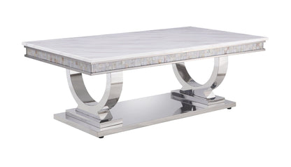 Zander Printed Faux Marble Top Mirrored Coffee Table with curved chrome base and mosaic border on Tampa Home & Garden Store