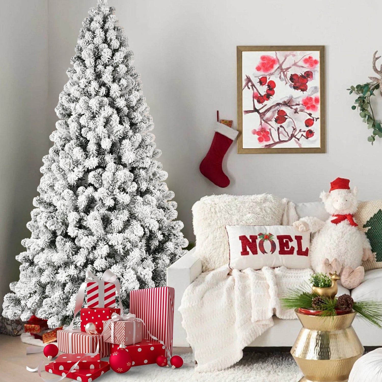 9-Foot Pre-Lit Snow-Flocked Christmas Tree HouseOfZazla, winter-white flocked pine on Tampa Home & Garden Store