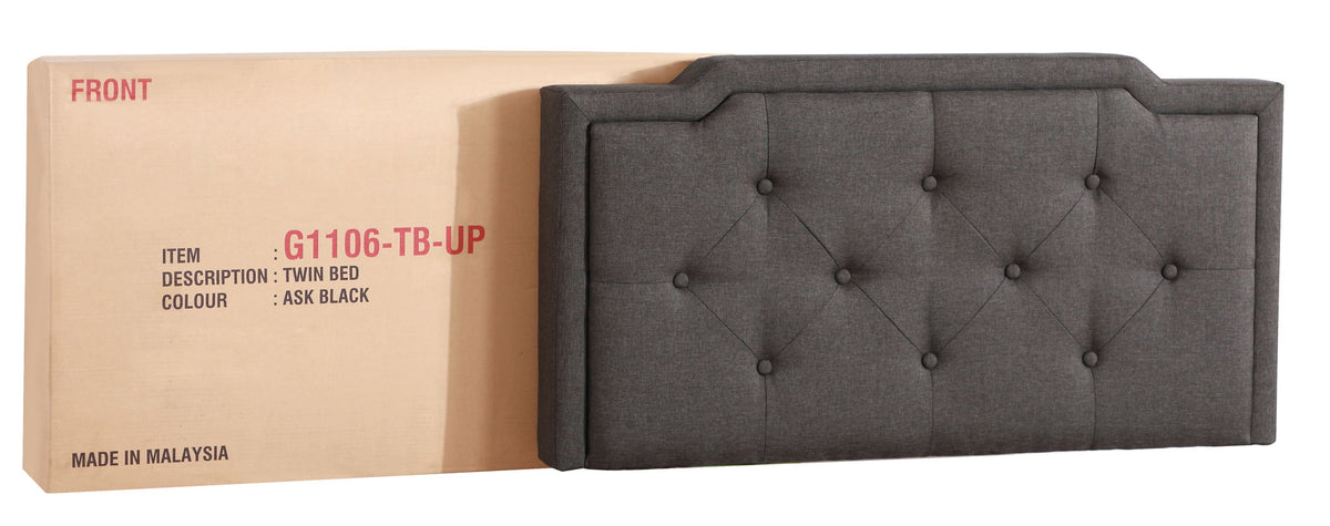 HouseOfZazla button tufted twin bed in dark gray fabric with diamond tufting beside a box on Tampa Home & Garden Store