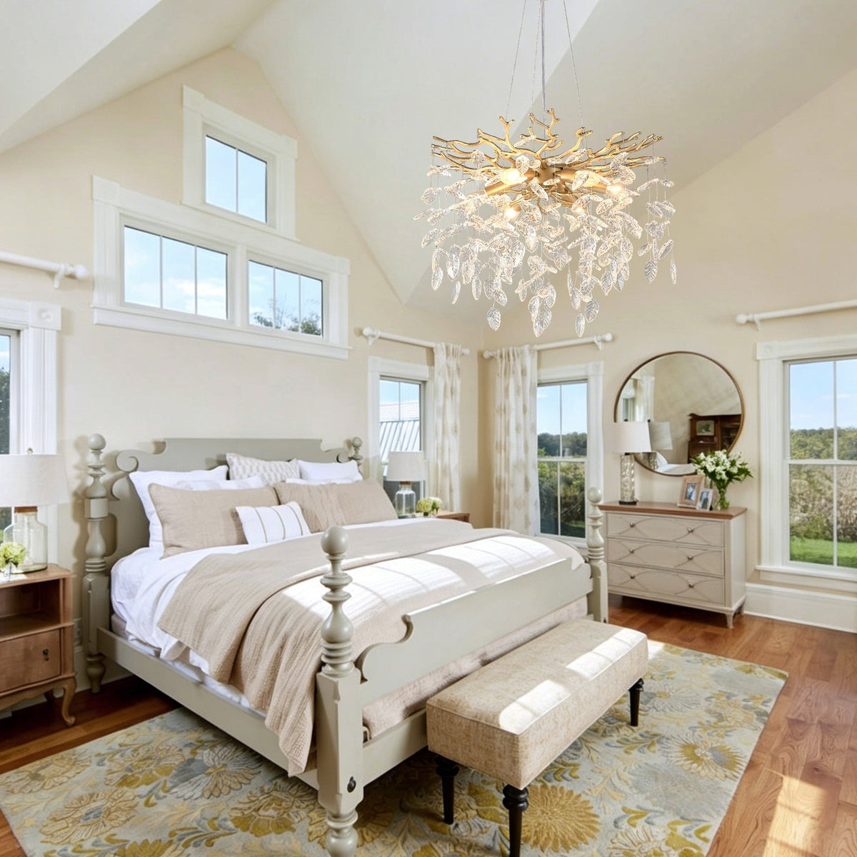 6-Light Chandelier Crystal Ceiling Lamp in gold finish with crystal leaves on Tampa Home & Garden Store
