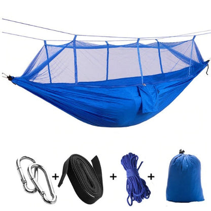 Blue parachute hammock with mosquito net, includes carabiners, strap, rope and carry bag on Tampa Home & Garden Store