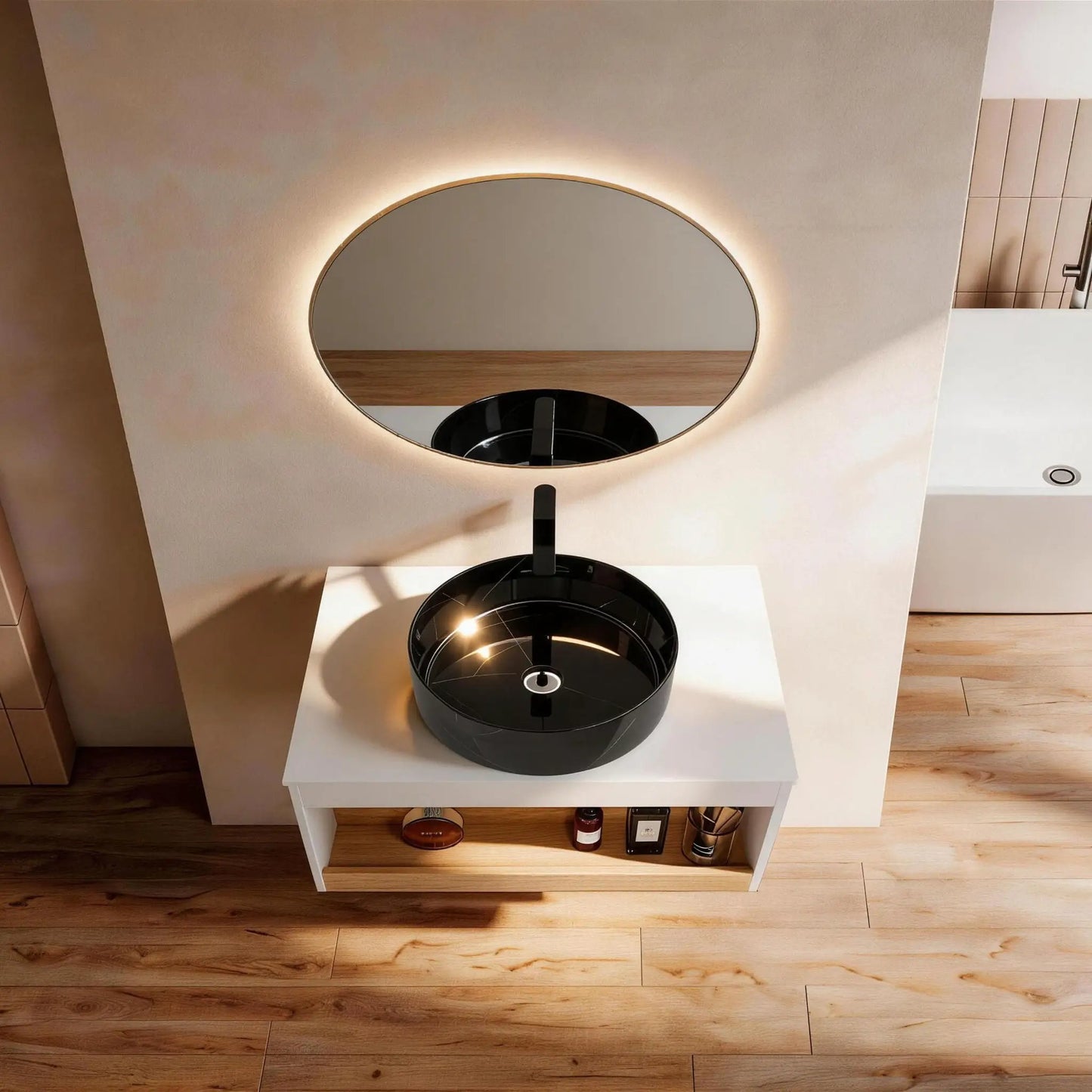 Floating Vanity with Vessel Sink and Open Shelf