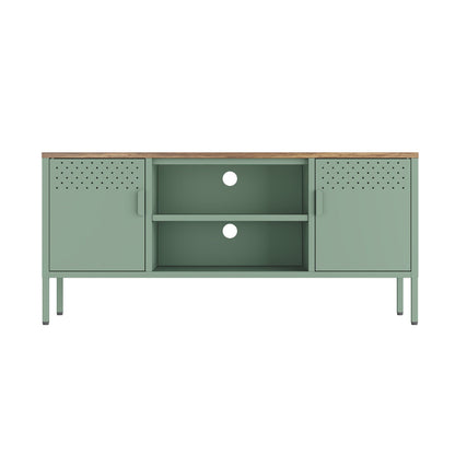 Storage Cabinet TV Stand with green steel frame, wood top and dual side cabinets on Tampa Home & Garden Store