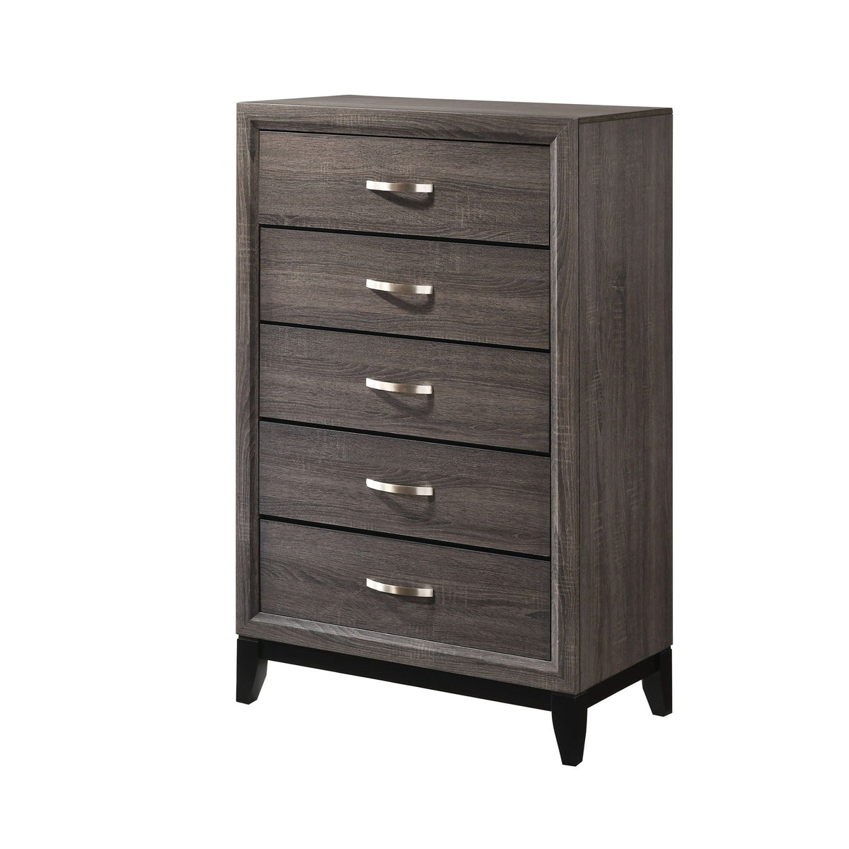 Contemporary 5-drawer tall chest in dark gray wood finish with silver handles on Tampa Home & Garden Store