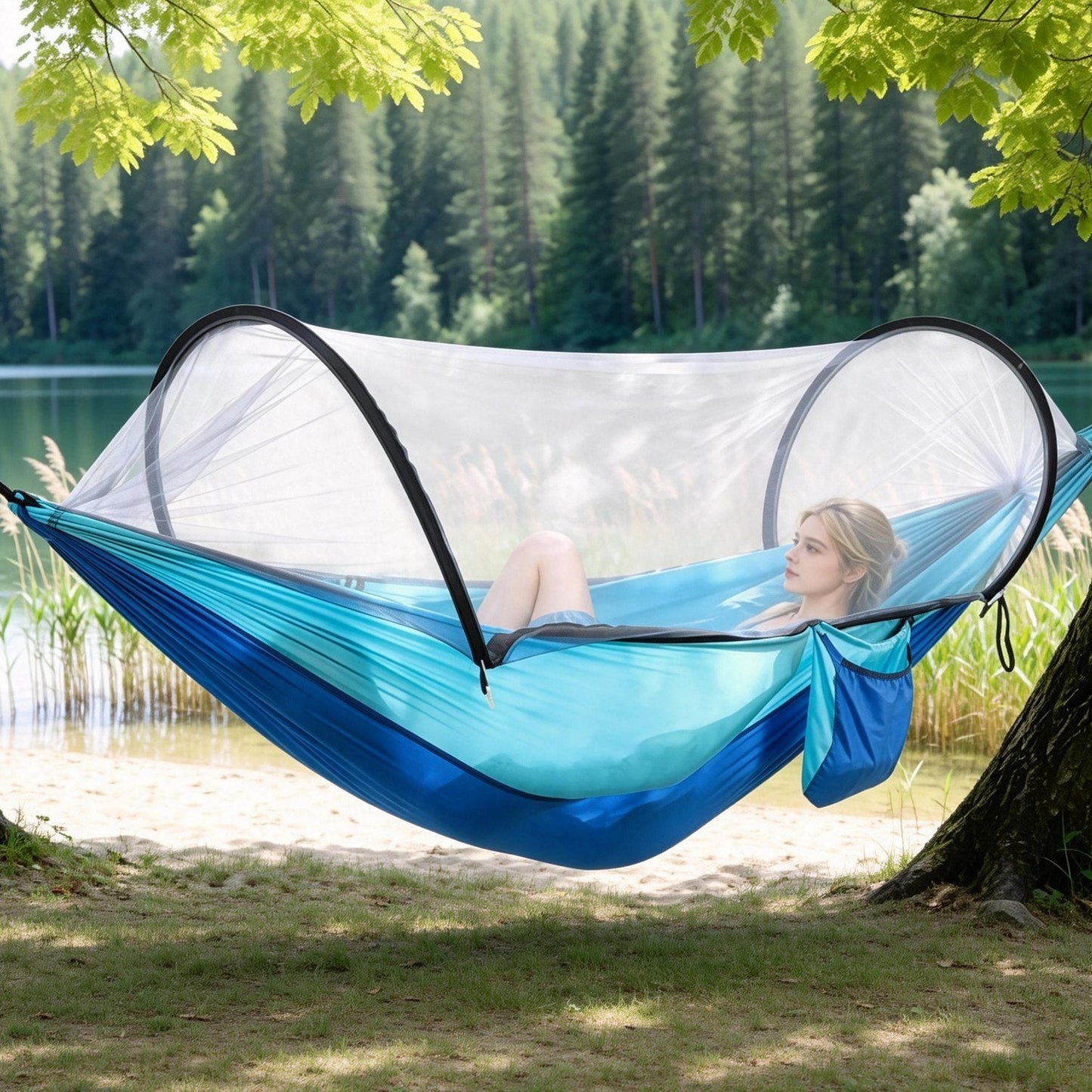 GemGear camping hammock with mosquito net, blue gradient fabric, 3-in-1 portable, 440lbs on Tampa Home & Garden Store