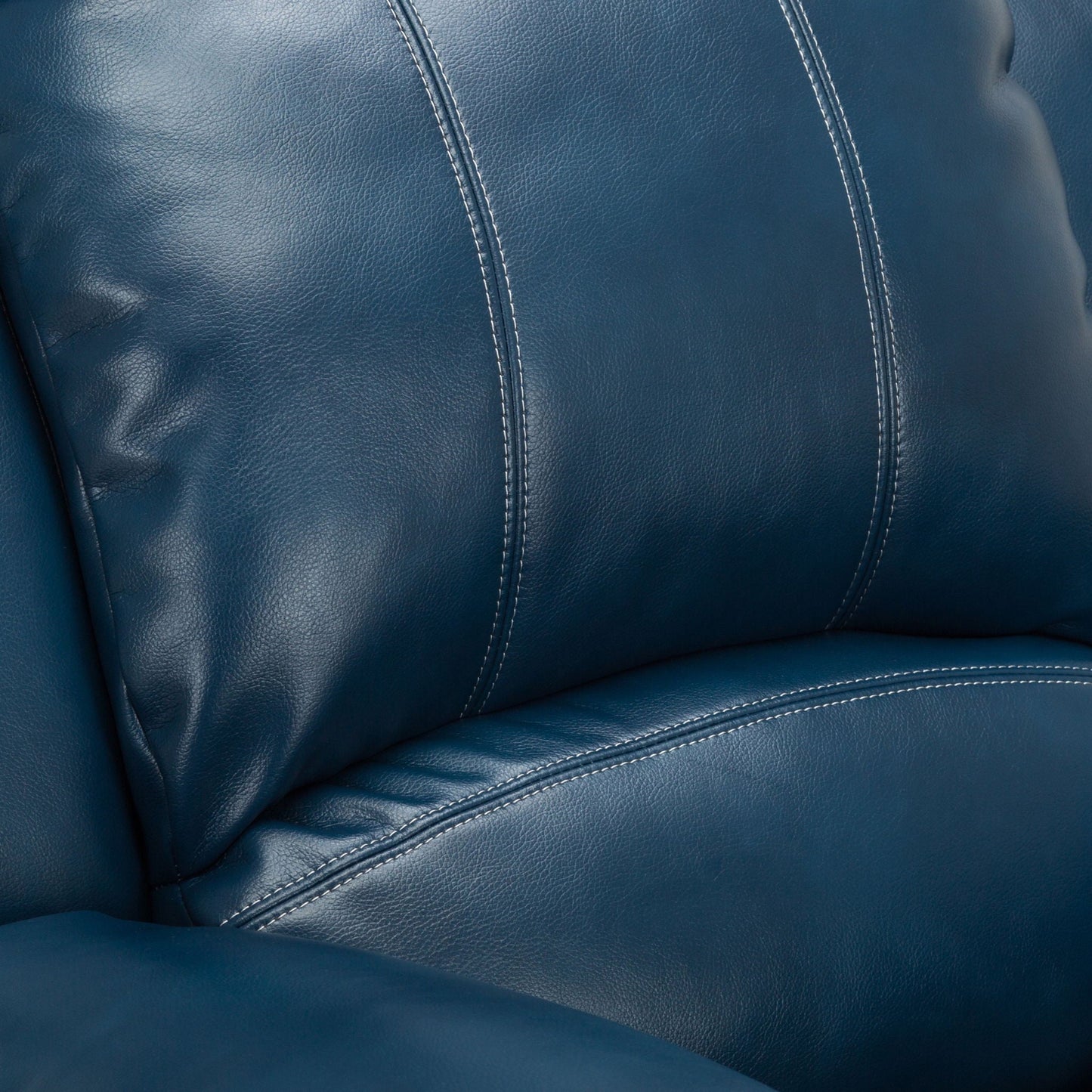 Charlotte Glider Recliner blue leather upholstery with white contrast stitching on Tampa Home & Garden Store