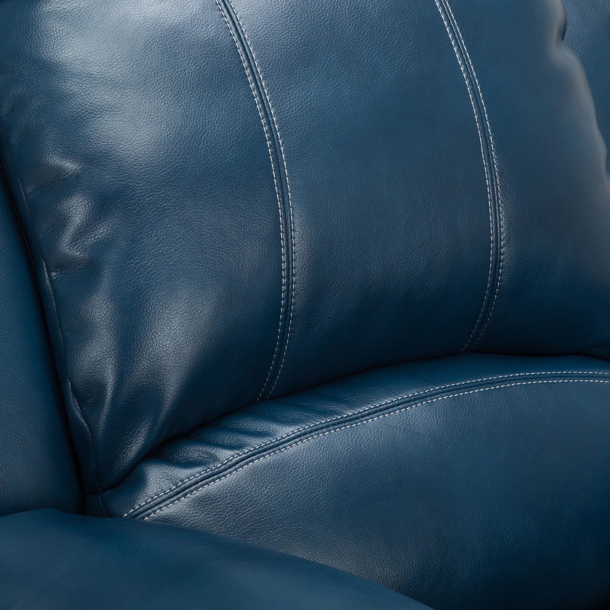 Charlotte Glider Recliner blue leather upholstery with white contrast stitching on Tampa Home & Garden Store
