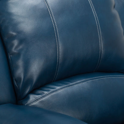 Charlotte Glider Recliner blue leather upholstery with white contrast stitching on Tampa Home & Garden Store
