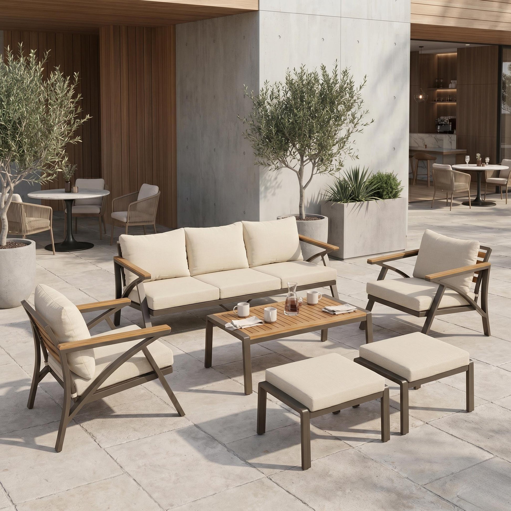 6-Piece outdoor patio furniture set with steel-frame sofas and acacia wood table on patio on Tampa Home & Garden Store
