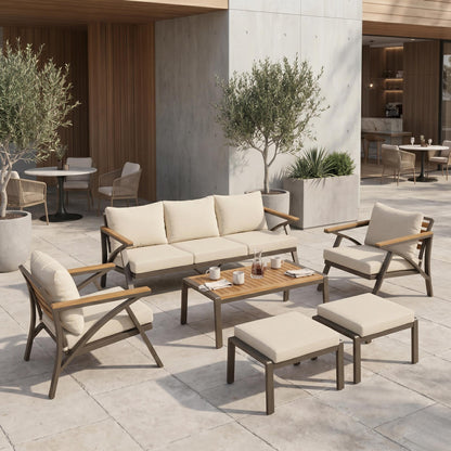 6-Piece outdoor patio furniture set with steel-frame sofas and acacia wood table on patio on Tampa Home & Garden Store