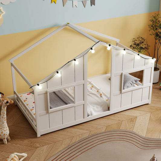 Twin Size House Bed with LED Lights Montessori Slat-free Floor Bed - Tampa Home & Garden Store