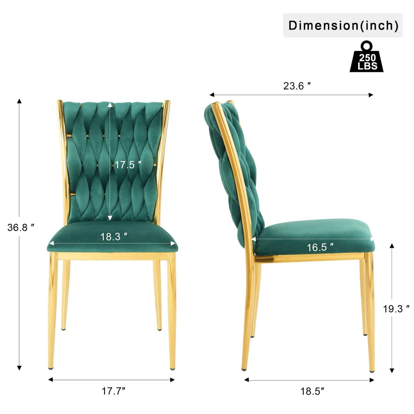 Modern dining chairs in emerald green velvet with gold metal frames, tufted backs, 2 chairs on Tampa Home & Garden Store