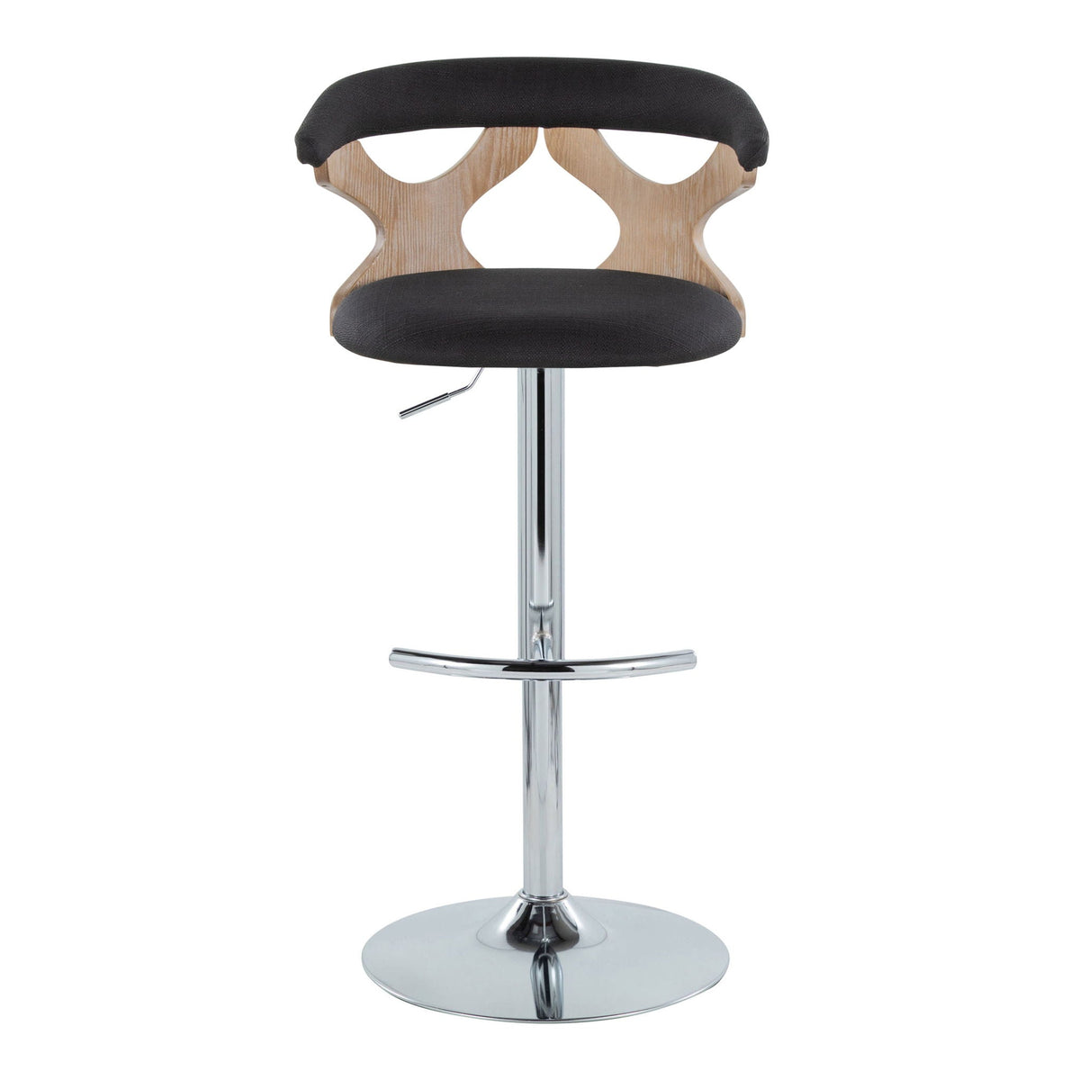 Contemporary adjustable barstool with black padded seat and back, wooden back, chrome base on Tampa Home & Garden Store