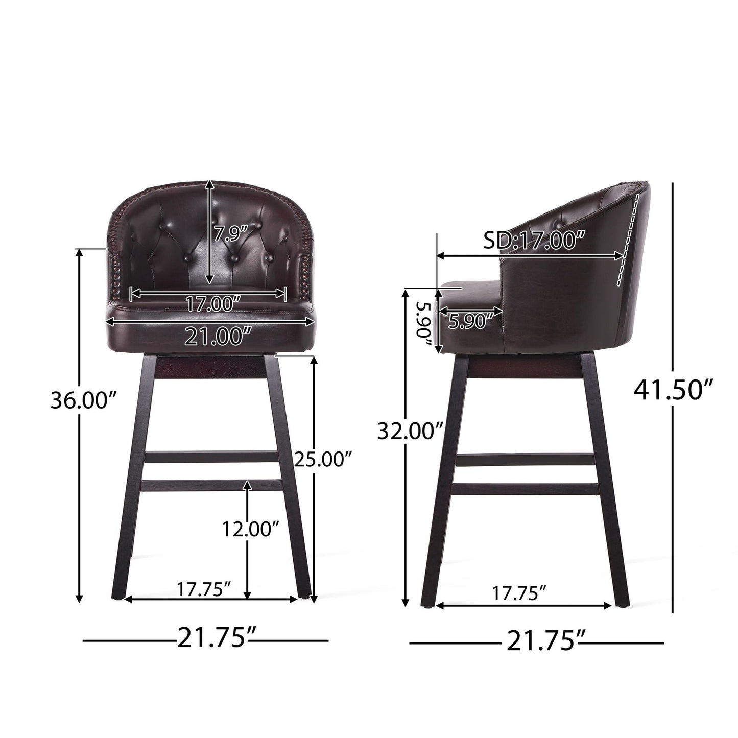 360 Degree Swivel Bar Stool Set of 2 in dark brown leather with nailhead trim HouseOfZazla on Tampa Home & Garden Store