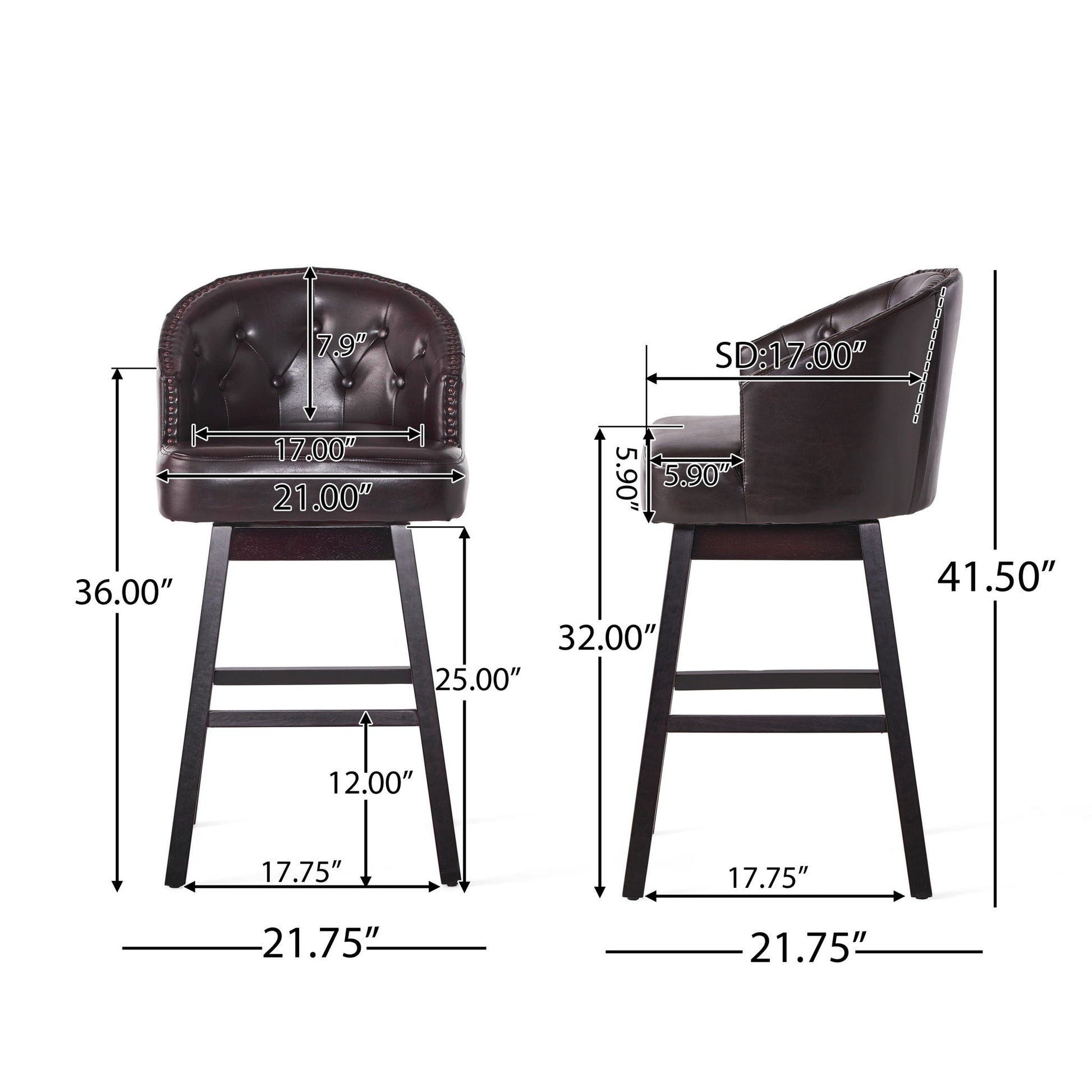 360 Degree Swivel Bar Stool Set of 2 in dark brown leather with nailhead trim HouseOfZazla on Tampa Home & Garden Store