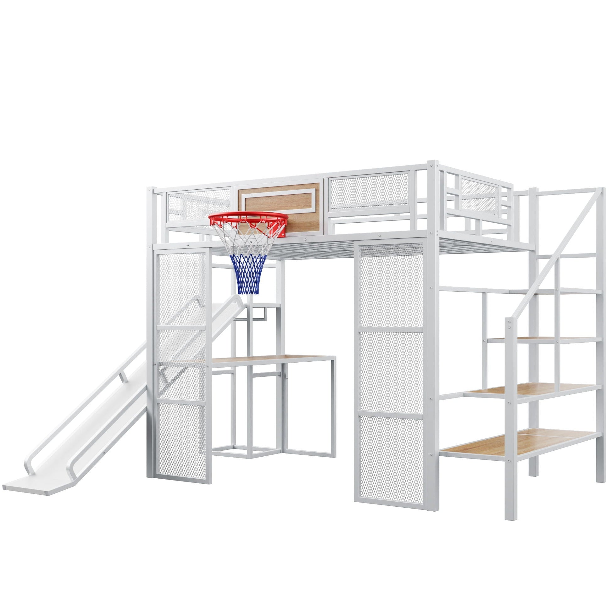 Loft bed with desk, wardrobe, basketball hoop, slide and staircase in white metal HouseOfZazla on Tampa Home & Garden Store