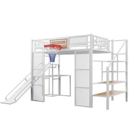 Loft bed with desk, wardrobe, basketball hoop, slide and staircase in white metal HouseOfZazla on Tampa Home & Garden Store