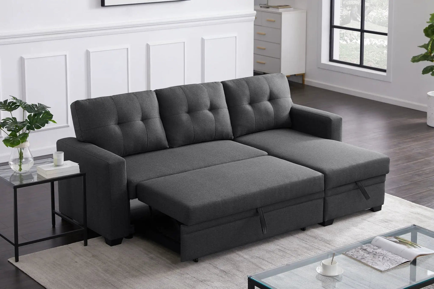 Upholstered pull-out sectional sofa with chaise in gray fabric by Unique Piece Furniture on Tampa Home & Garden Store