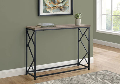 Accent console table with natural oak top and black metal X-frame for entryways on Tampa Home & Garden Store