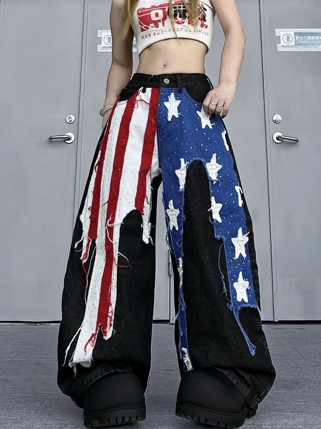 Womens American-style washed patch jeans with red white stripes and blue star patches, hems on Tampa Home & Garden Store