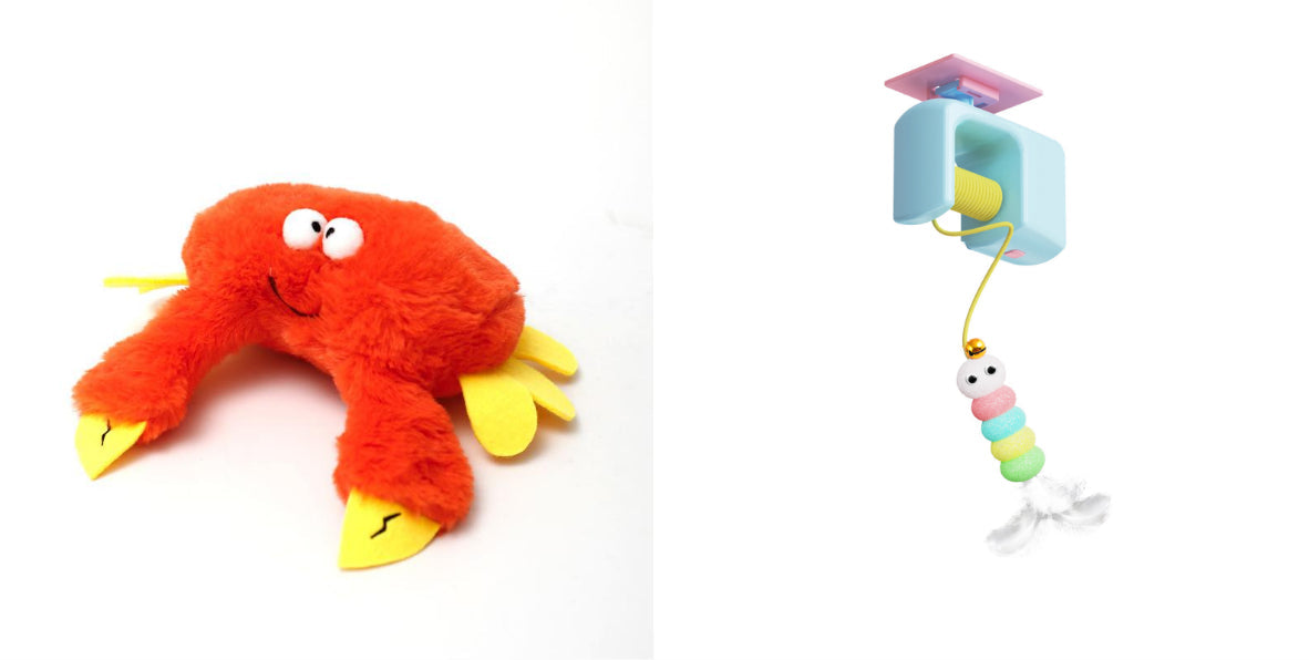 Pet plush toy set of two: orange crab plush with yellow claws plus blue wall-mounted bead toy on Tampa Home & Garden Store