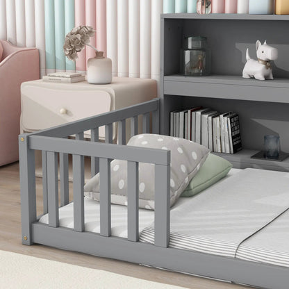 Floor Bed with Bedside Bookcase and Guardrails