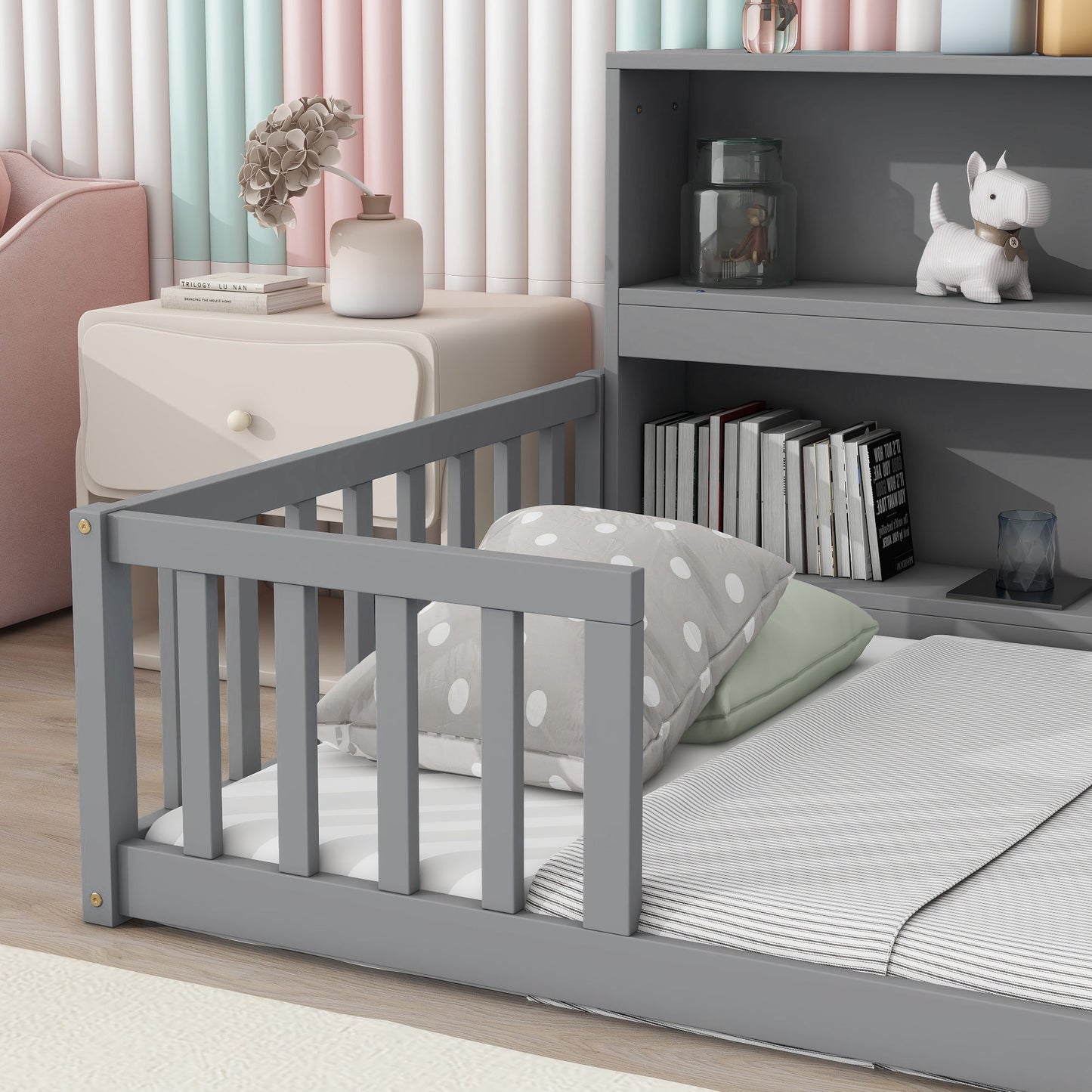 Floor Bed with a Bookcase and Side Guardrails