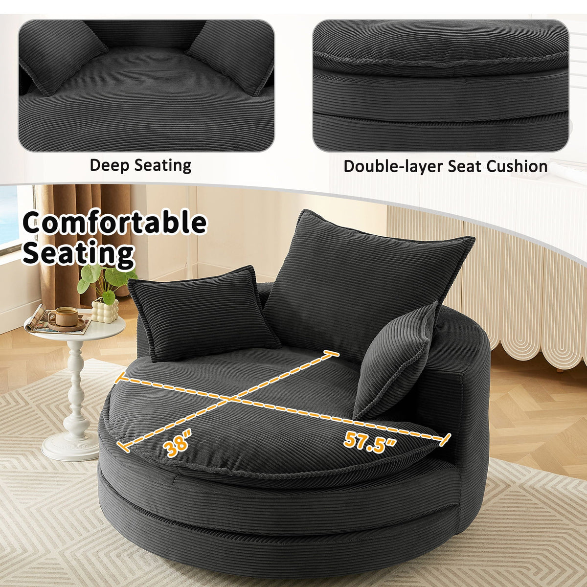 Swivel Barrel Chair with Cushion and Pillows in charcoal corduroy by HouseOfZazla on Tampa Home & Garden Store