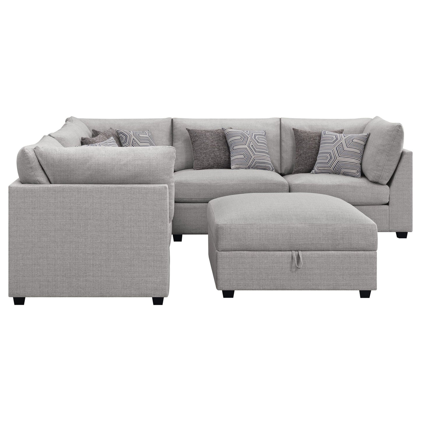 Lafayette modular sofa by HouseOfZazla, 2-piece in light gray fabric with geometric pillows on Tampa Home & Garden Store