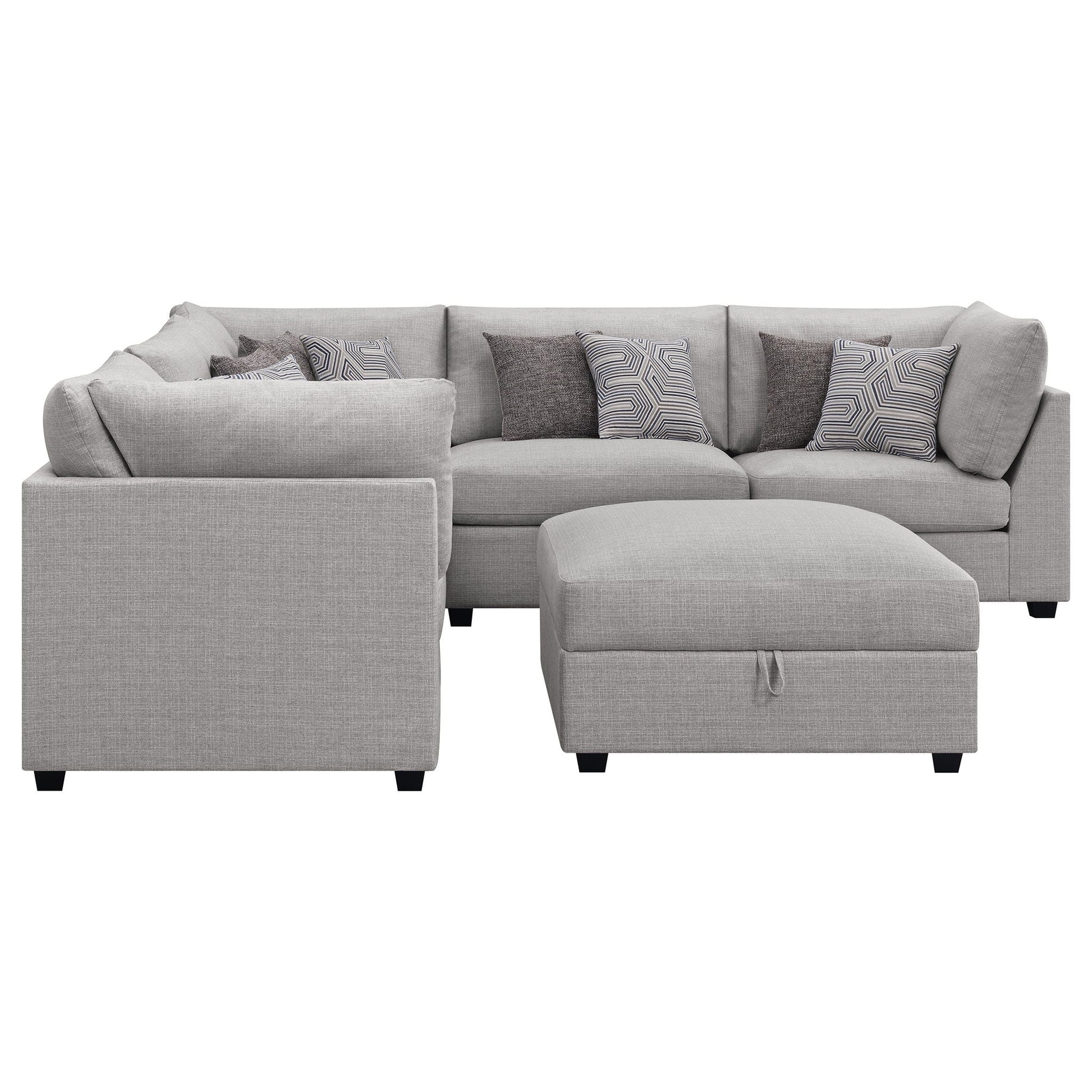 Lafayette modular sofa by HouseOfZazla, 2-piece in light gray fabric with geometric pillows on Tampa Home & Garden Store