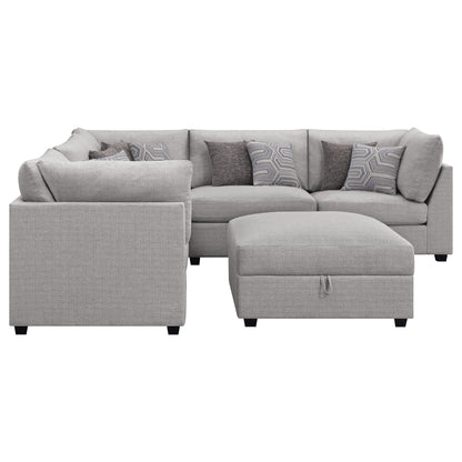 Lafayette modular sofa by HouseOfZazla, 2-piece in light gray fabric with geometric pillows on Tampa Home & Garden Store
