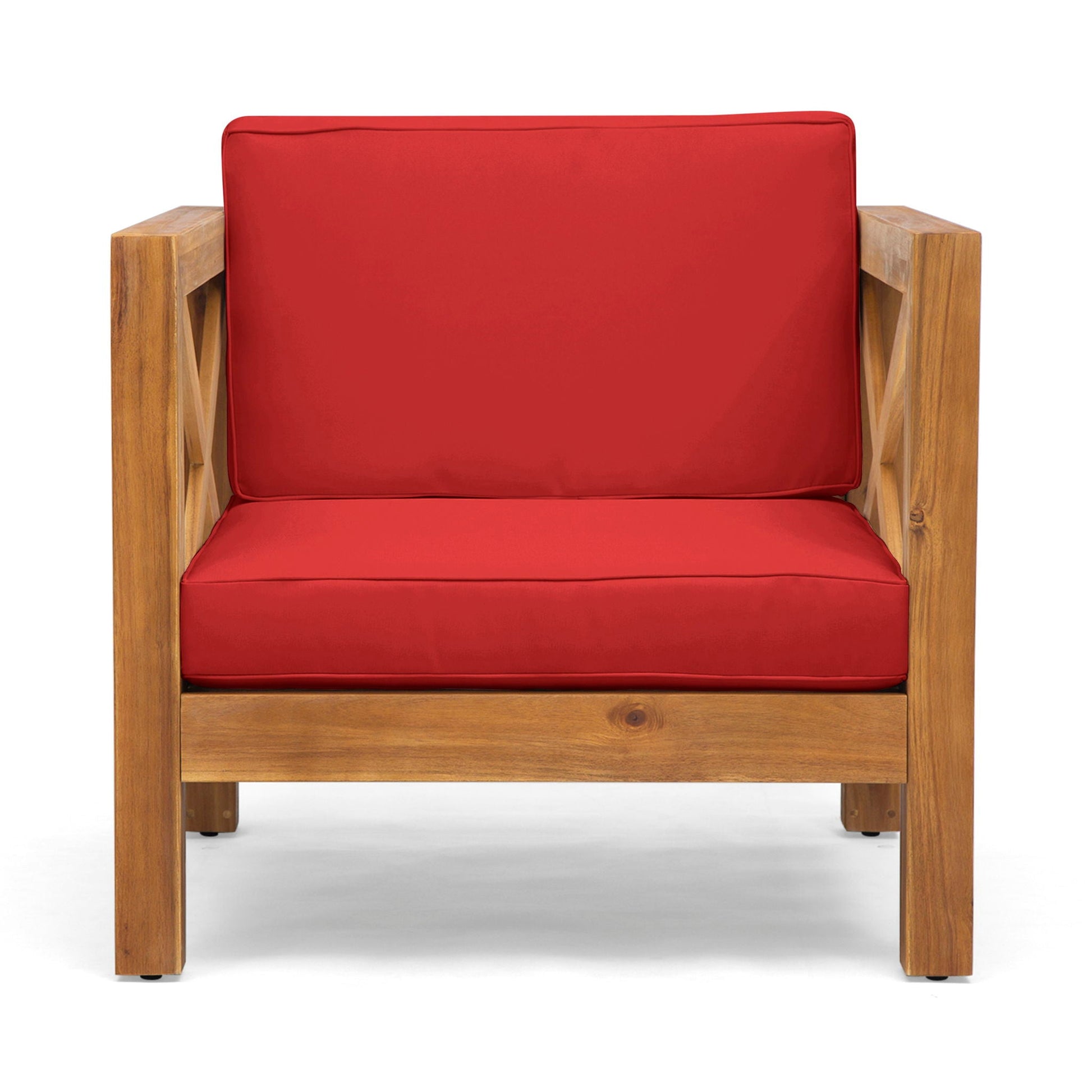 Brava Mid-Century Modern Club Chair with red water-resistant cushions and solid wood frame on Tampa Home & Garden Store
