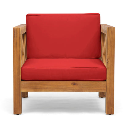 Brava Mid-Century Modern Club Chair with red water-resistant cushions and solid wood frame on Tampa Home & Garden Store