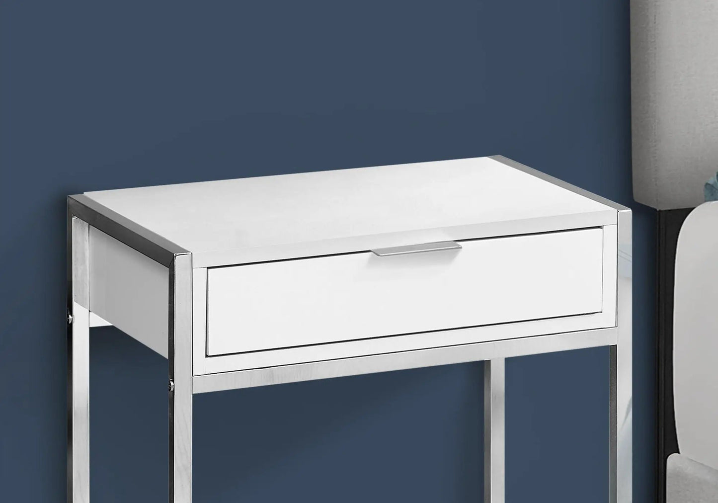 Accent Side Table with chrome metal frame and white storage drawer, spacious top on Tampa Home & Garden Store
