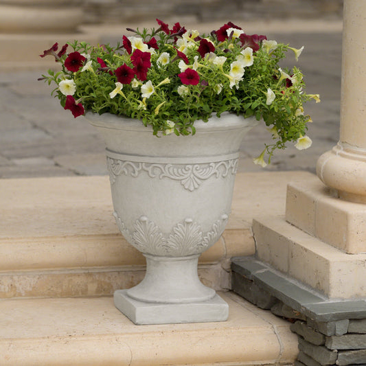 Moroccan Urn Planter with burgundy and cream petunias in a gray pot by HouseOfZazla on Tampa Home & Garden Store