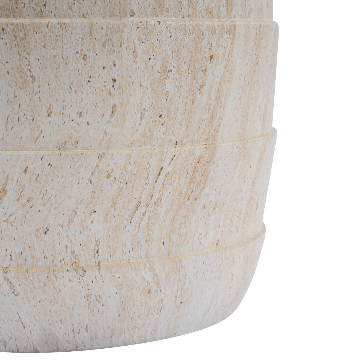 Modern cylindrical travertine-look outdoor side table in light beige ribbed texture HouseOfZazla on Tampa Home & Garden Store