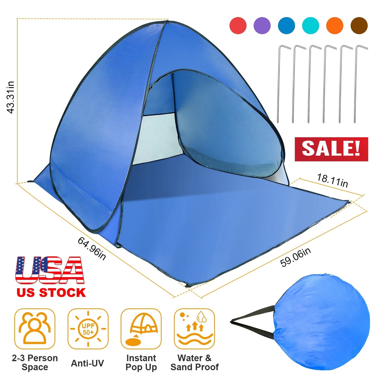 GemGear blue pop-up beach tent, instant-up anti-UV, 2-3 person, waterproof canopy on Tampa Home & Garden Store