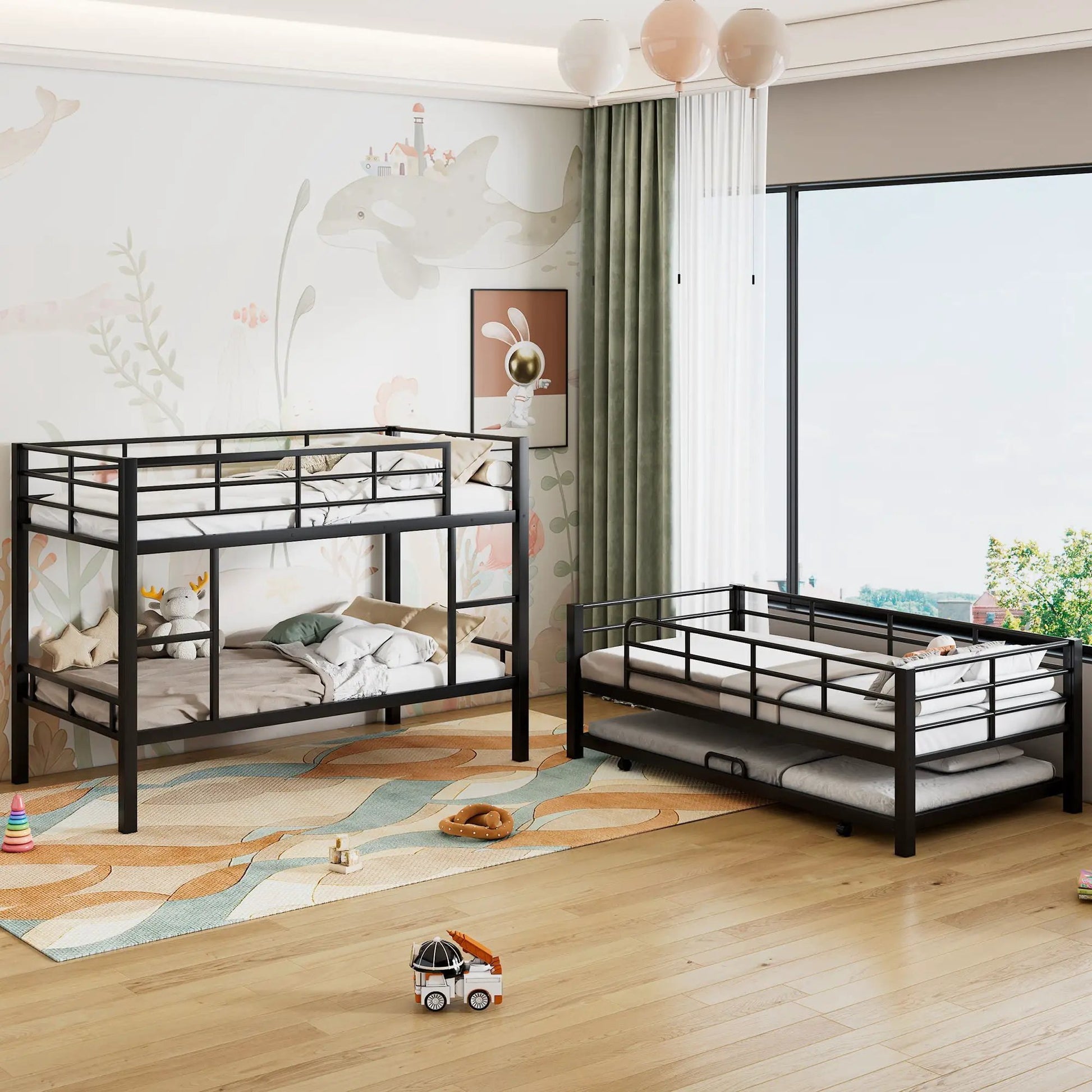 Triple bunk bed with trundle in black heavy-duty steel frame by Unique Piece Furniture on Tampa Home & Garden Store