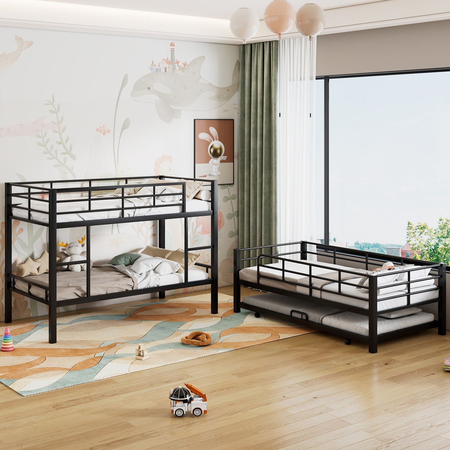 Black steel triple bunk bed with trundle, heavy-duty construction on Tampa Home & Garden Store