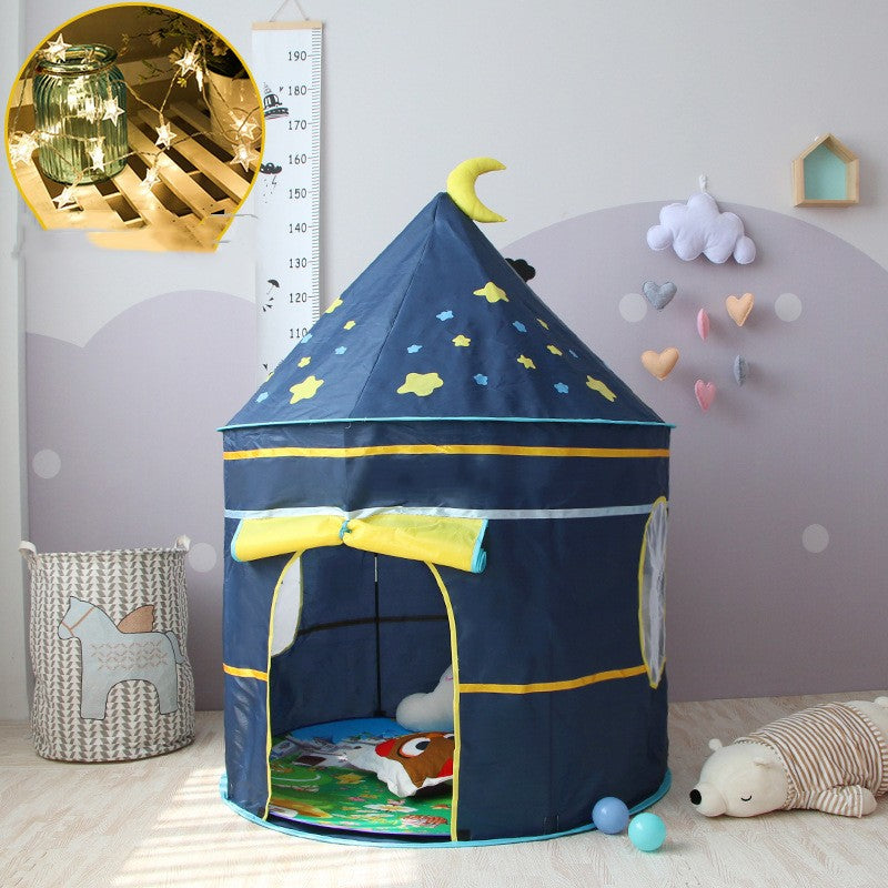 Children's tent playhouse castle in navy blue with yellow trim and starry cone top on Tampa Home & Garden Store