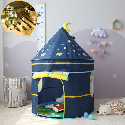 Children's tent playhouse castle in navy blue with yellow trim and starry cone top on Tampa Home & Garden Store