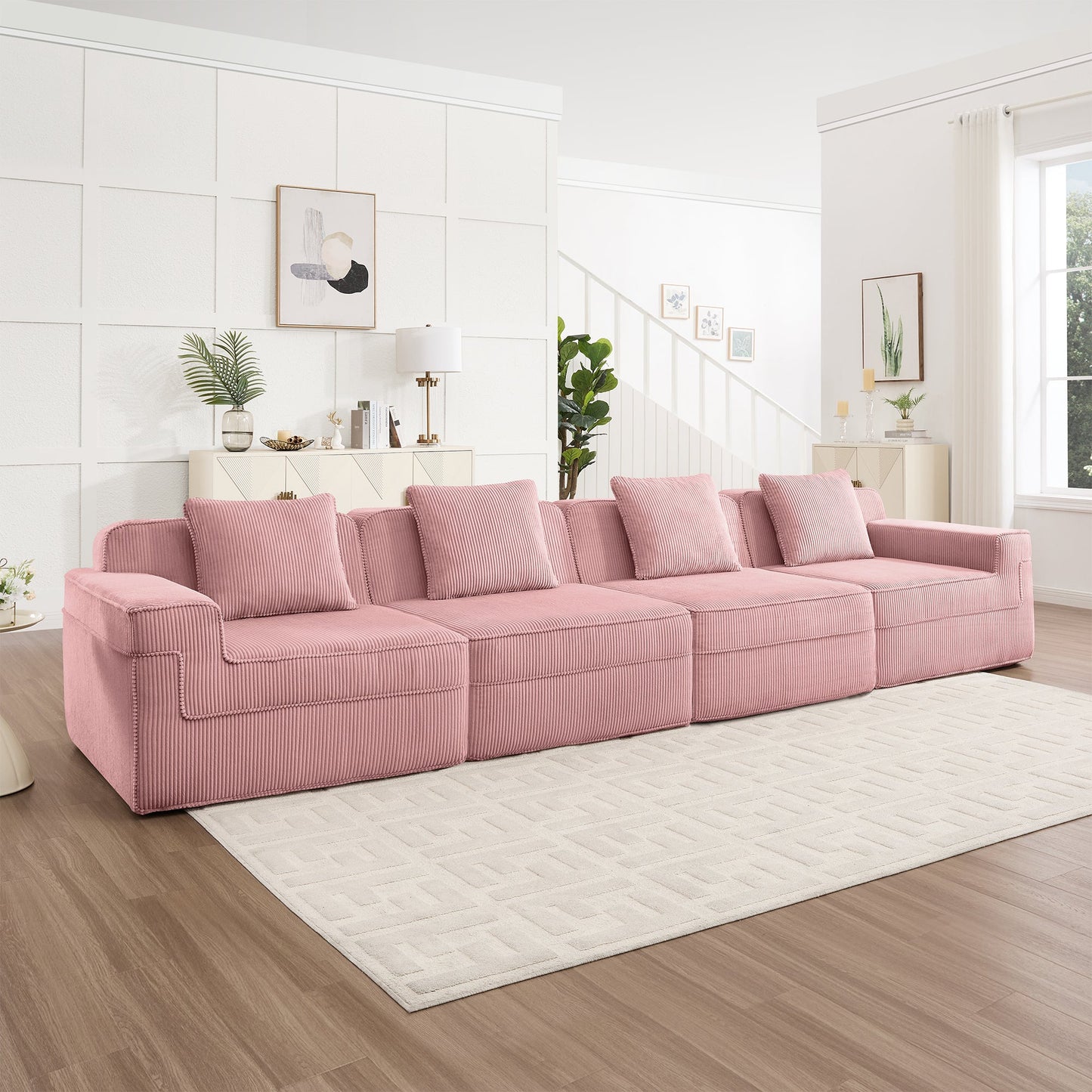 Modular 4-seat boneless pink corduroy sofa by HouseOfZazla, cloud sectional couch in bright room on Tampa Home & Garden Store
