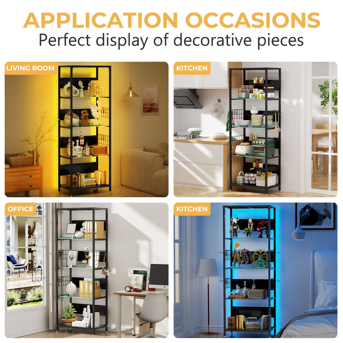 Black 4-tier display cabinet with RGB lights and glass shelves, tall storage by HouseOfZazla on Tampa Home & Garden Store