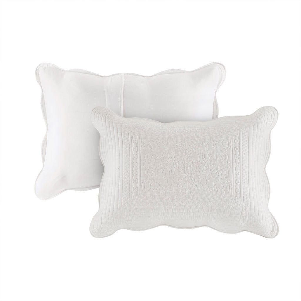 3 Piece Reversible Scalloped Edge Quilt Set White King/Cal King with two white decorative pillows featuring quilted pattern on Tampa Home & Garden Store