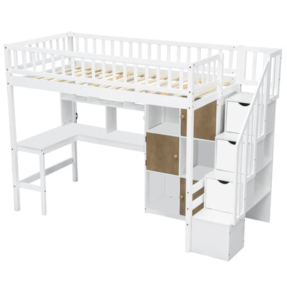 White wooden loft bed with built-in L-shaped desk, stairs, and storage cabinets on Tampa Home & Garden Store