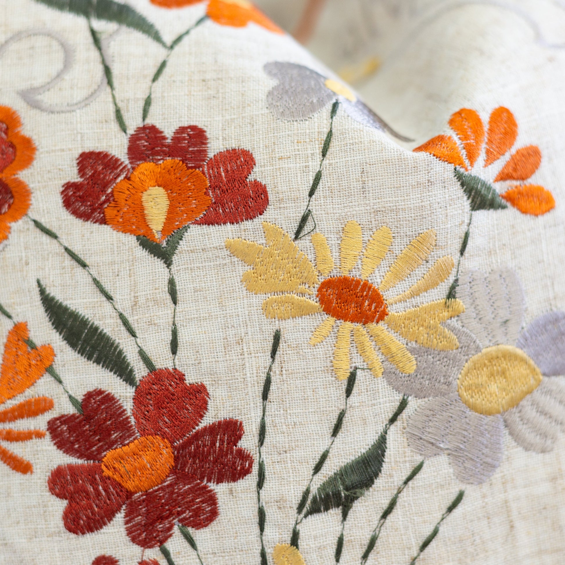Throw Pillow Thanksgiving Floral Embroidered by HouseOfZazla linen with orange flowers on Tampa Home & Garden Store