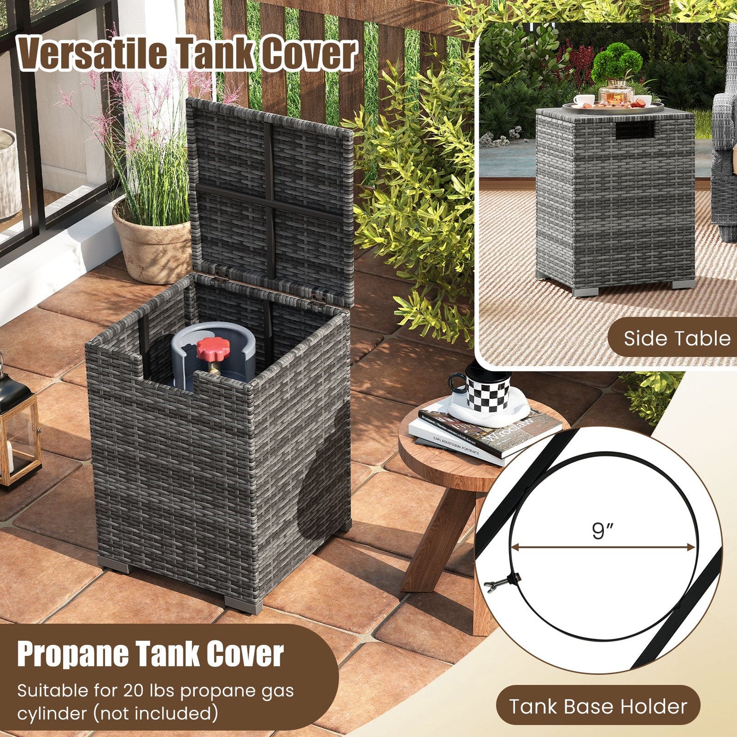 2-Piece gray rattan fire table set with 32-inch gas firepit and tank cover on Tampa Home & Garden Store